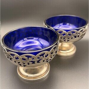 Vintage English Cobalt Blue Glass Pedestal Bowls Silver Plate Pair